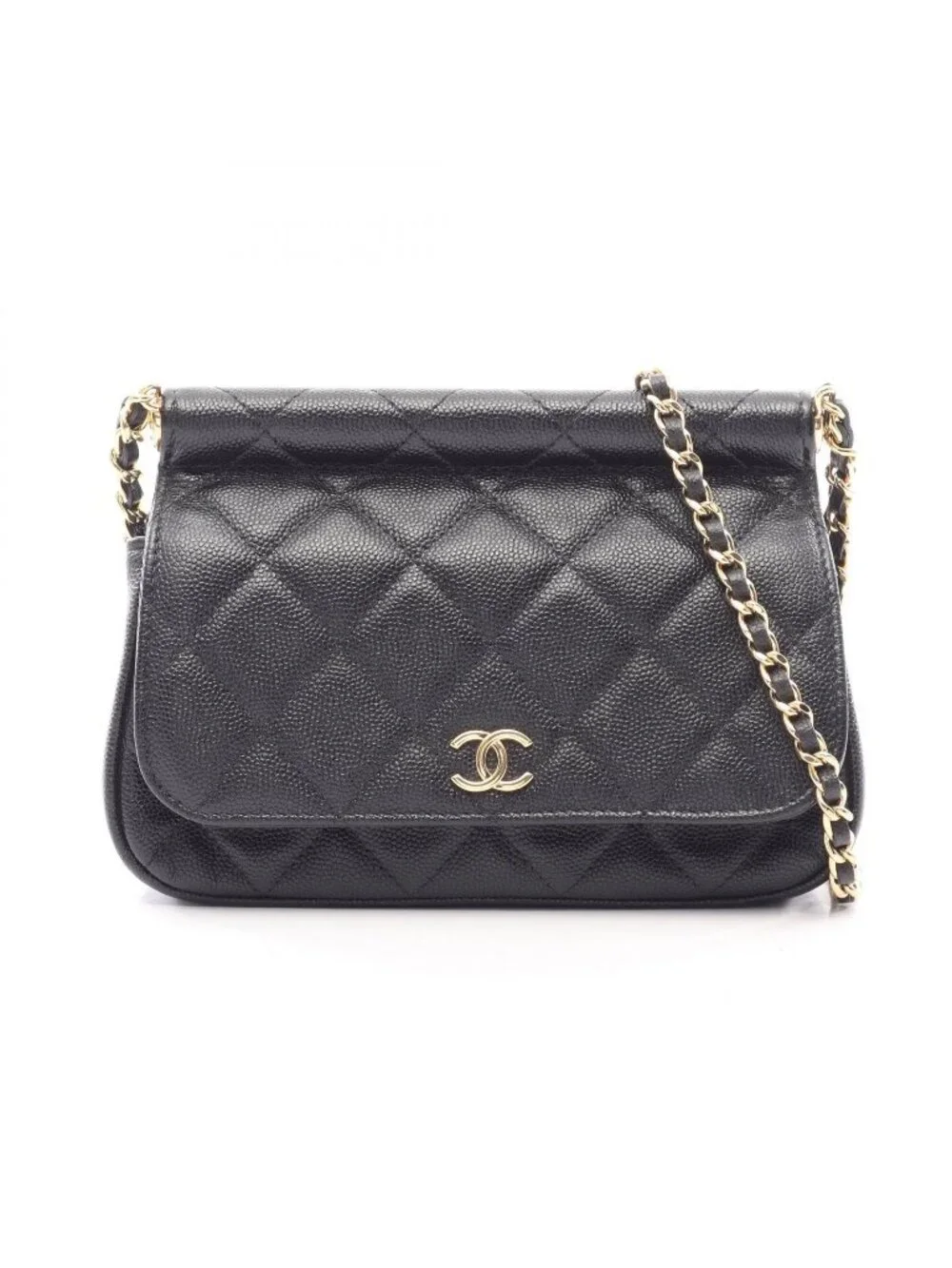 Chanel Shoulder Bag Quilted Black Caviar Leather Small Chain
